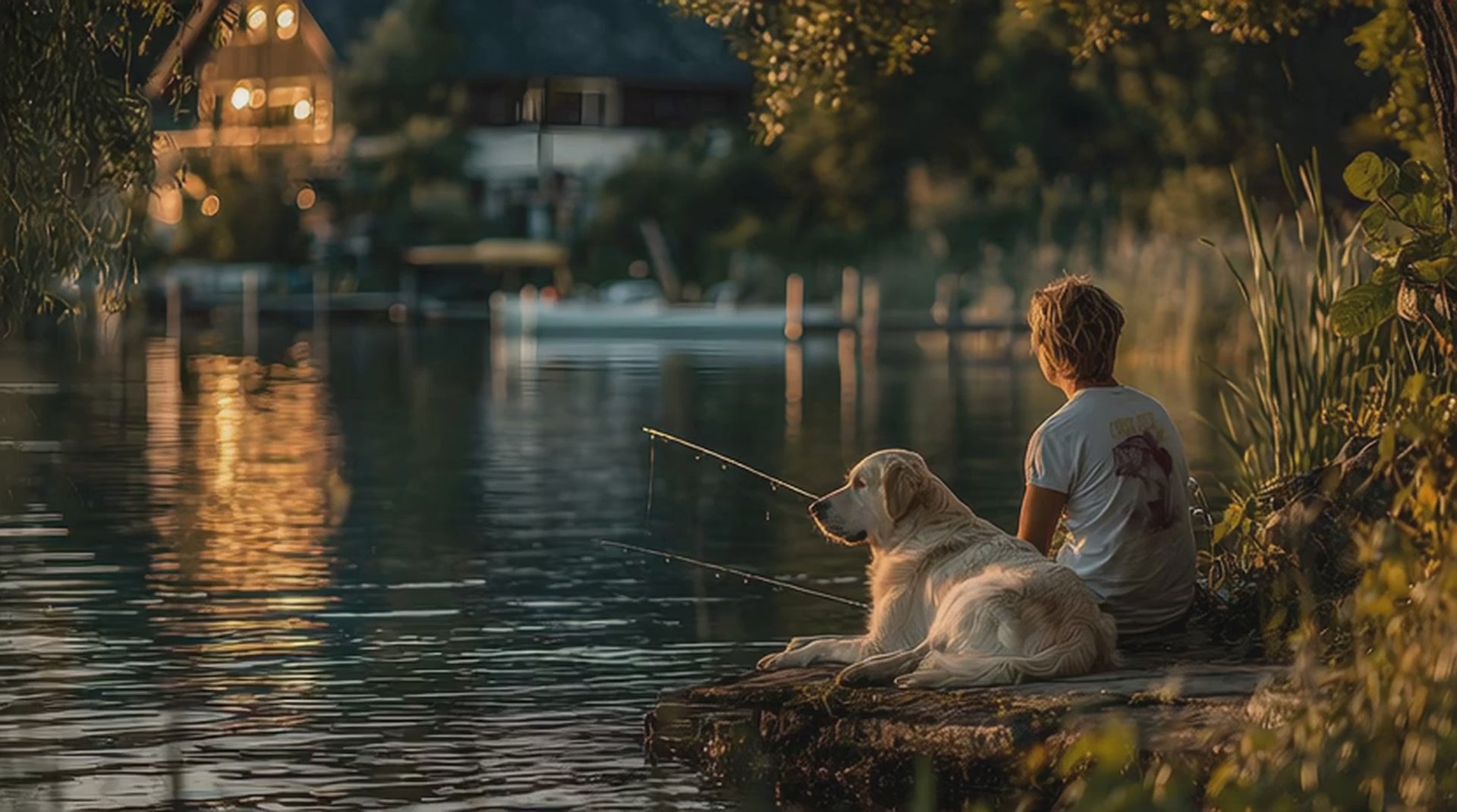 Kid fishing with his dog wearing a Corn Fed t-shirt